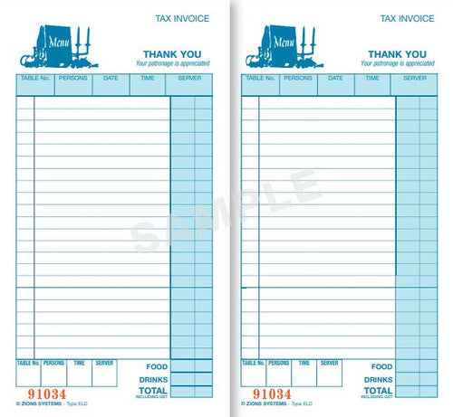 Zions 210x100mm restaurant docket book closed front cover view
