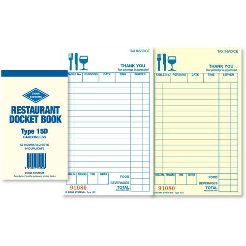 Zions 15D carbonless duplicate restaurant docket book, 50 sets, 165x95mm, white and yellow copies
