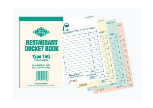 Zions 15Q Carbonless Quadruplicate Restaurant Docket Book showing four-copy set layout at 165x95mm