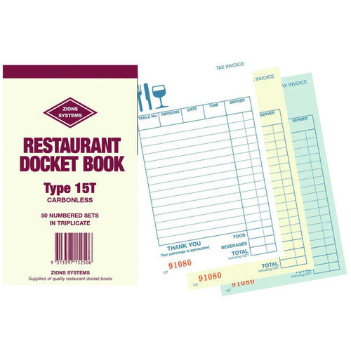 Zions ZN15T carbonless triplicate restaurant docket book showing white, yellow and green copy sets