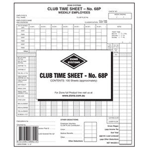 Zions 68P1 Club Award Time Sheet for permanent employees, 240x205mm, pack of 100