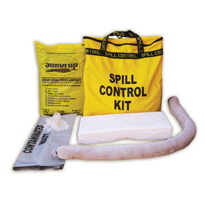 Contents of the Zions Economy Spill Kit including booms, gloves, waste bags and instruction sheet