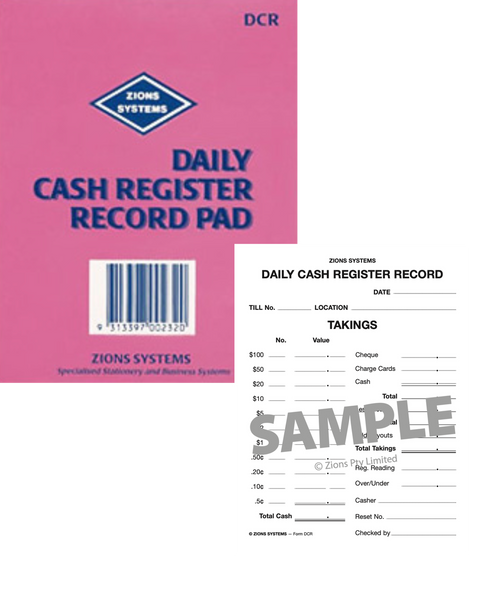 Zions Daily Cash Register Record Pad showing cash and cheque columns with balancing section