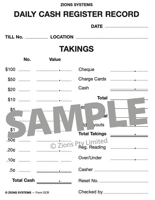 Close-up of Zions Daily Cash Register Record Pad sheet layout with cashier signature field
