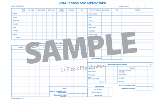 Interior page layout of the Zions ZN27 Record Book showing weekly trading columns for cash and credit sales