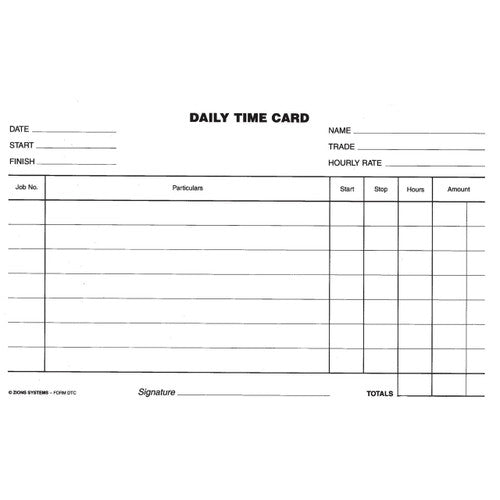 Zions Daily Time Card front view showing black printed layout on white card