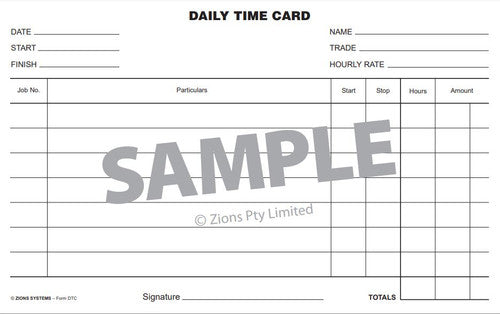 Close-up of Zions Daily Time Card fields for recording employee start, stop and overtime hours