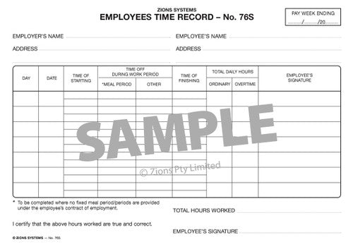 Zions 76S Employee Time Record Sheet showing daily hours and overtime columns, 145x210mm