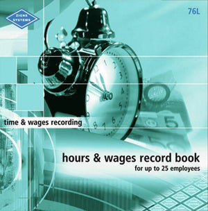 Zions Large Hours and Wages Record Book open showing weekly employee columns for hours, earnings and superannuation