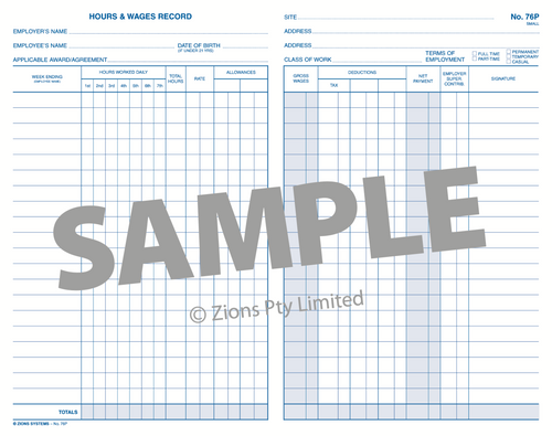 Interior page of the Zions Pocket Hours and Wages Record Book with columns for employee names, hours and pay