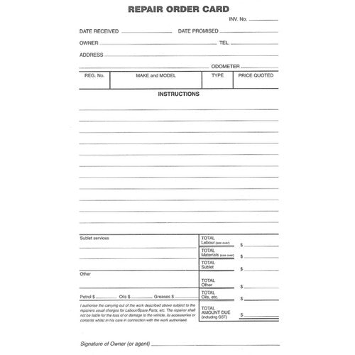 Zions Repair Order Card front side showing liability clause and owner signature field