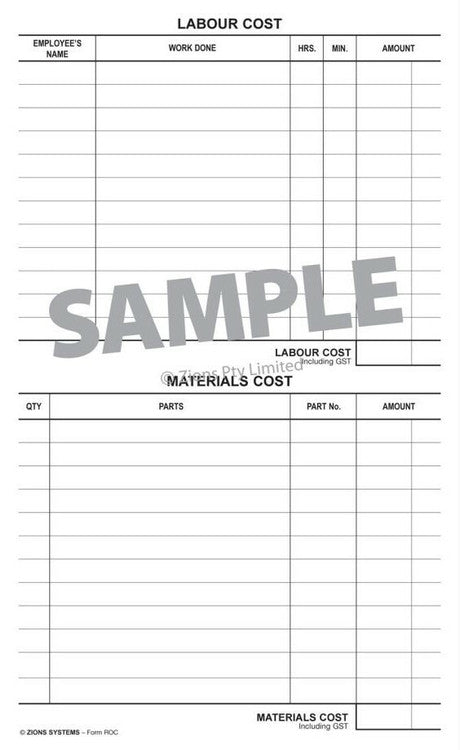 Zions Repair Order Card reverse side with work performed and parts record sections