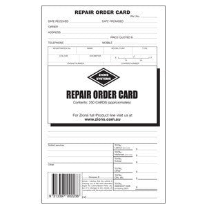 Pack of 250 Zions Repair Order Cards in white card stock, 125mm x 205mm