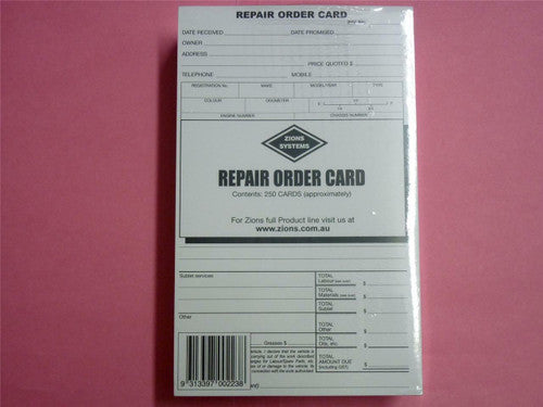 Close-up of Zions Repair Order Card printed two-sided layout for automotive workshops
