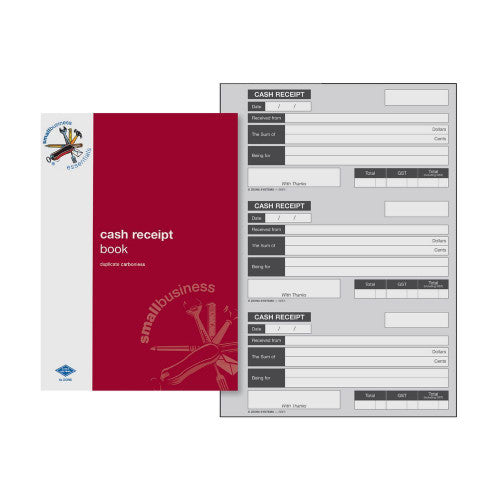 Zions Small Business Essentials Cash Receipt Book A5 showing duplicate receipt pages with consecutive numbering