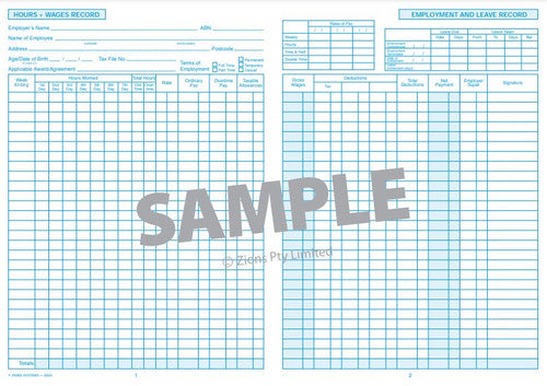 Zions ZNSBE9 wages record book open showing hours, wage summaries and leave planner pages