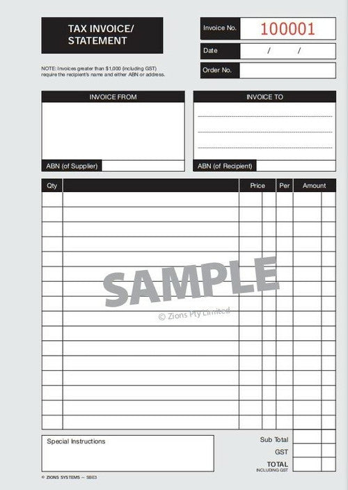 Open Zions A5 duplicate invoice and statement book displaying consecutively numbered sets