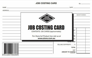 Zions Job Costing Card ZNJCC showing double-sided white card layout, 125x205mm