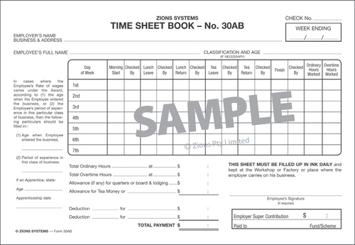 Inside page of Zions shop employee time sheet book showing columns for ordinary and overtime hours