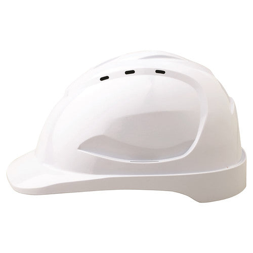 Zions V9 white vented hard hat with angled peak and 9-point ventilation, shown from the front