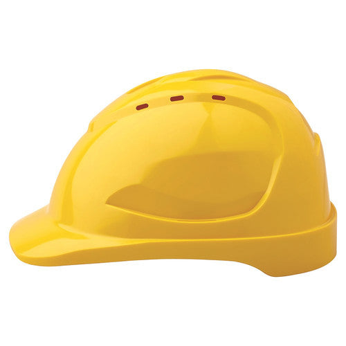Zions V9 vented hard hat in yellow with 9-point ventilation and low-profile ABS shell