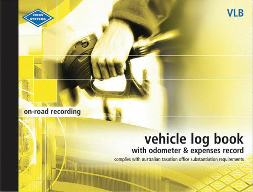 Zions Vehicle Log Book open showing odometer and expense columns across 18 lines per page