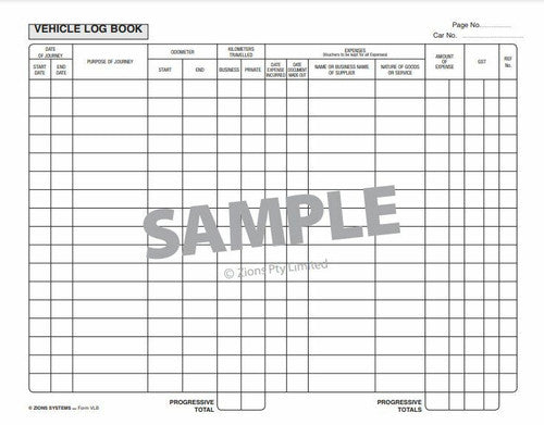 Interior summary sheet of the Zions Vehicle Log Book used for Total Distance Travelled calculations