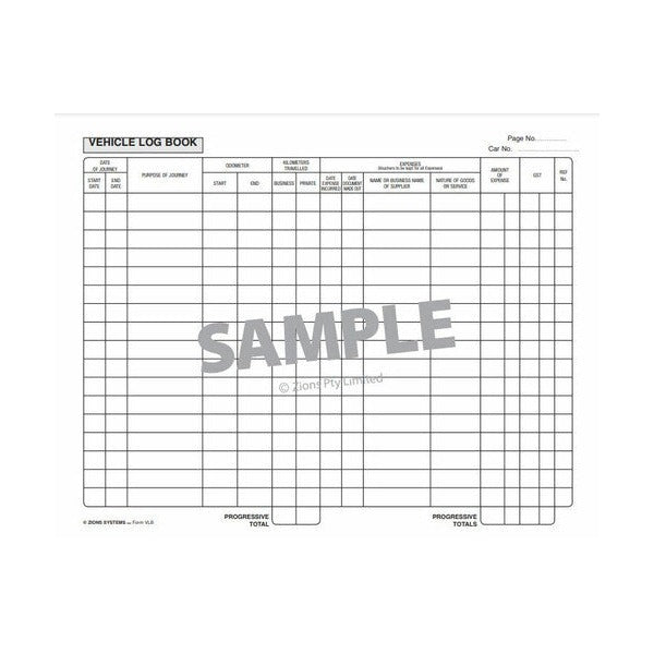 Interior summary sheet of the Zions Vehicle Log Book used for Total Distance Travelled calculations
