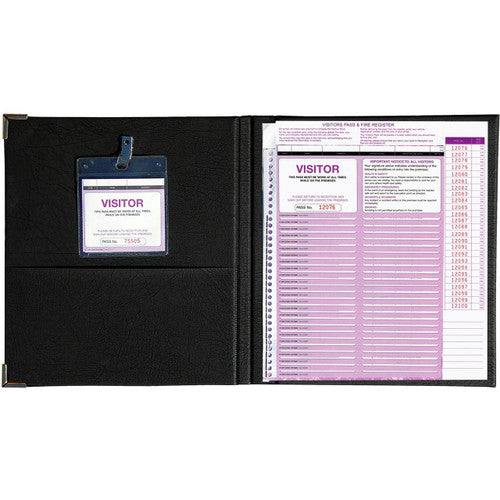 Zions Visitors Pass Kit showing padded binder with gold lettering and brass corners alongside pass slips