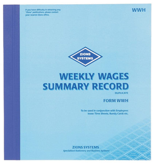Inside spread of Zions Weekly Wages Summary Record Book showing duplicate sheets and 26 lines per page