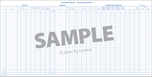 Open pages of the Zions ZN212 Cashbook displaying ruled columns for income, expenditure and GST entries