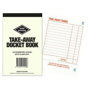 Zions Takeaway Docket Book showing 100 single red-ink sheets with perforated claim slip, sized 172mm x 99mm
