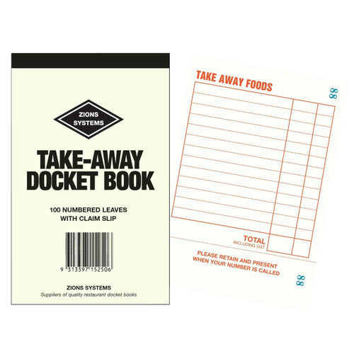 Zions Takeaway Docket Book showing 100 single red-ink sheets with perforated claim slip, sized 172mm x 99mm