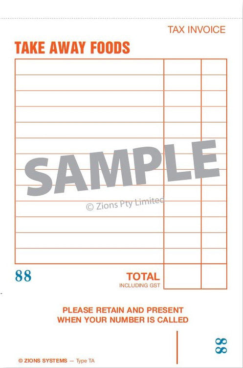 Front cover of Zions Takeaway Docket Book, a compact order recording book for hospitality use