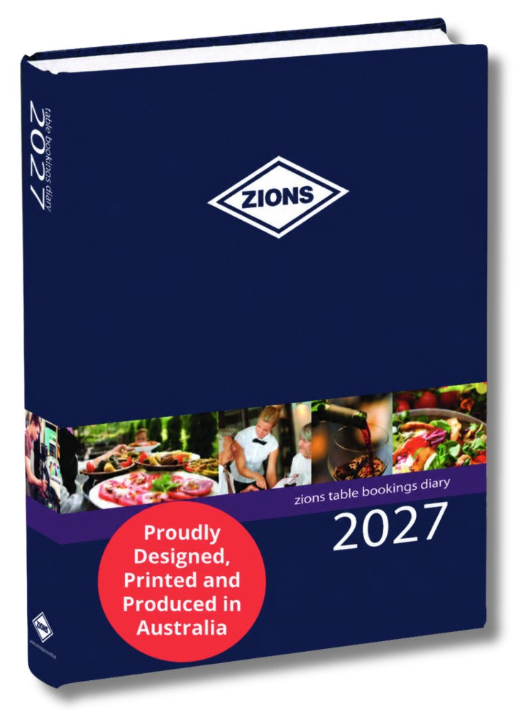 Zions 2027 Table Booking Diary standing hardcover cover in navy blue with hospitality imagery and 2027 year