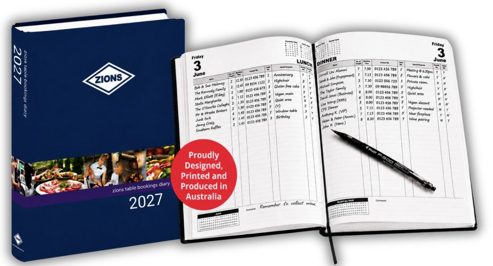 Zions 2027 Table Booking Diary shown with cover and open interior spread displaying daily lunch and dinner booking columns