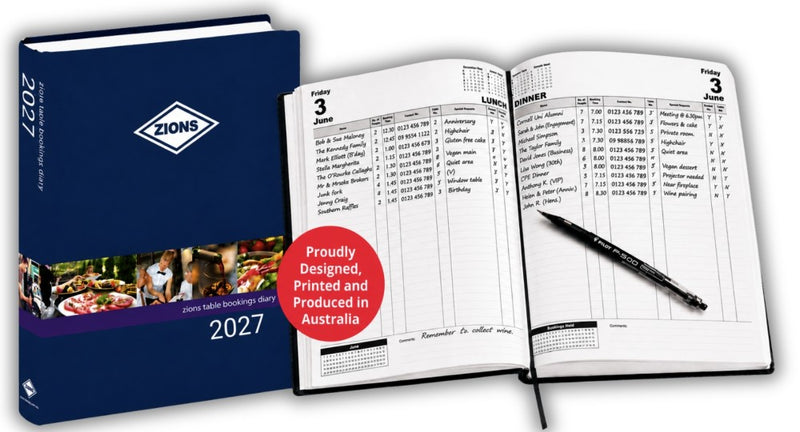 Zions 2027 Table Booking Diary shown with cover and open interior spread displaying daily lunch and dinner booking columns