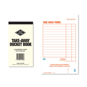 Zions take-away docket book cover reading 100 numbered leaves with claim slip, beside a take away foods docket with a blue number and slip