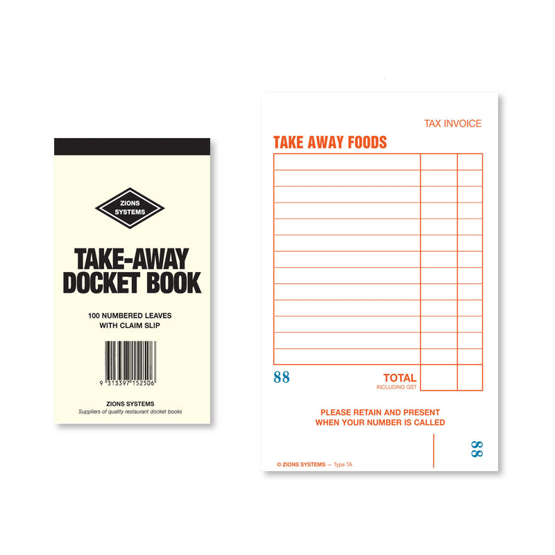 Zions take-away docket book cover reading 100 numbered leaves with claim slip, beside a take away foods docket with a blue number and slip