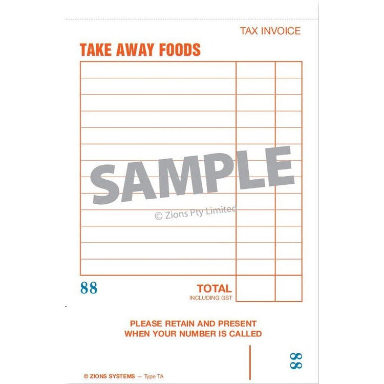 Zions Type TA take away foods docket marked SAMPLE with tax invoice heading, total including GST and a slip asking to retain and present it