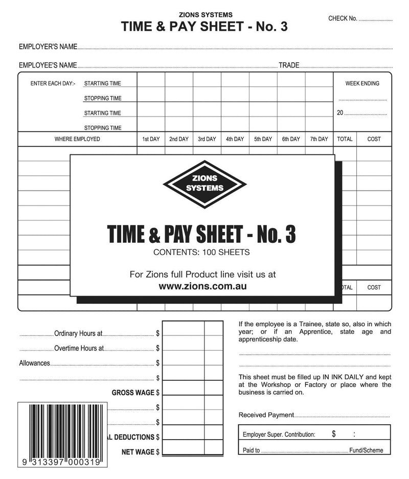 Zions Time and Pay Sheet No. 3 with daily start and stop rows for 7 days, pay calculation boxes below and a pack label reading Contents 100 Sheets over the middle