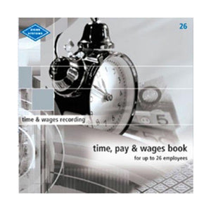 Front cover of the Zions 26 time, pay and wages book in grey tones with an alarm clock photo and the words for up to 26 employees