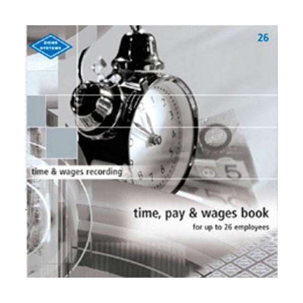 Front cover of the Zions 26 time, pay and wages book in grey tones with an alarm clock photo and the words for up to 26 employees