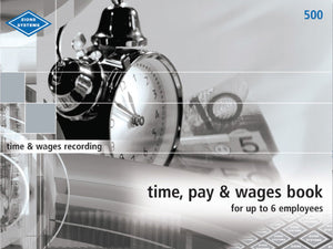 Landscape grey cover of the Zions 500 time, pay and wages book with an alarm clock photo, the code 500 in blue and the words for up to 6 employees