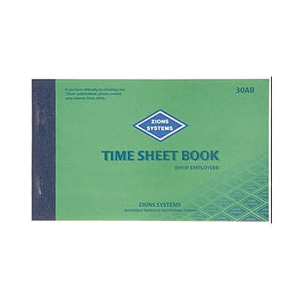 Green cover of the Zions 30AB Time Sheet Book for shop employees with the Zions Systems logo and a dark bound spine on the left edge