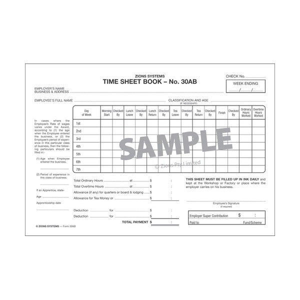 Zions Time Sheet Book No. 30AB sheet with SAMPLE watermark showing morning start, lunch, tea and finish columns each followed by checked by, and a pay section below