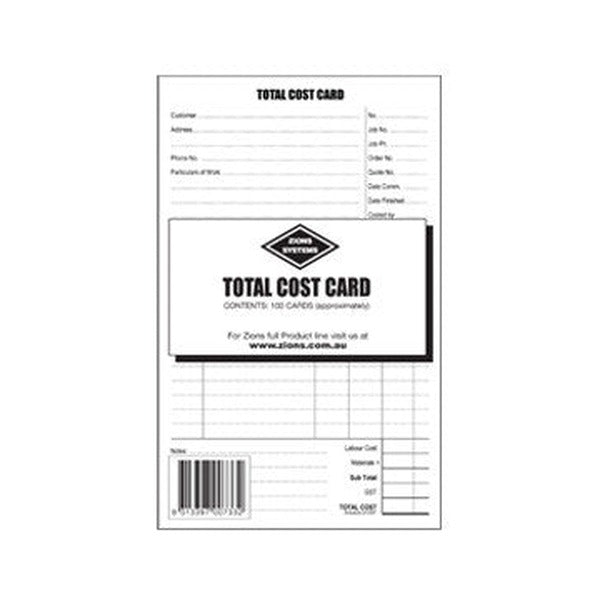 Pack of Zions total cost cards with a label reading Total Cost Card, contents 100 cards approximately, a barcode and the Zions Systems diamond over the top card
