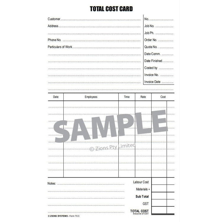 Sample front of a Zions total cost card with customer, address and particulars of work lines, a job and invoice reference column and a date, employees, time, rate and cost table
