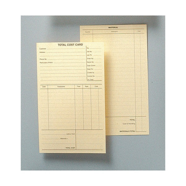 Two loose Zions total cost cards with a pale cream tint on a grey surface, one showing the front job details and one the material list on the back