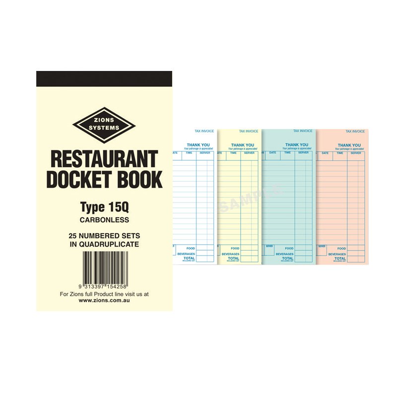 Cream cover of the Zions Type 15Q carbonless restaurant docket book, 25 numbered sets in quadruplicate, beside white, yellow, pale green and pink dockets